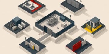 Isometric construction site security plan illustration