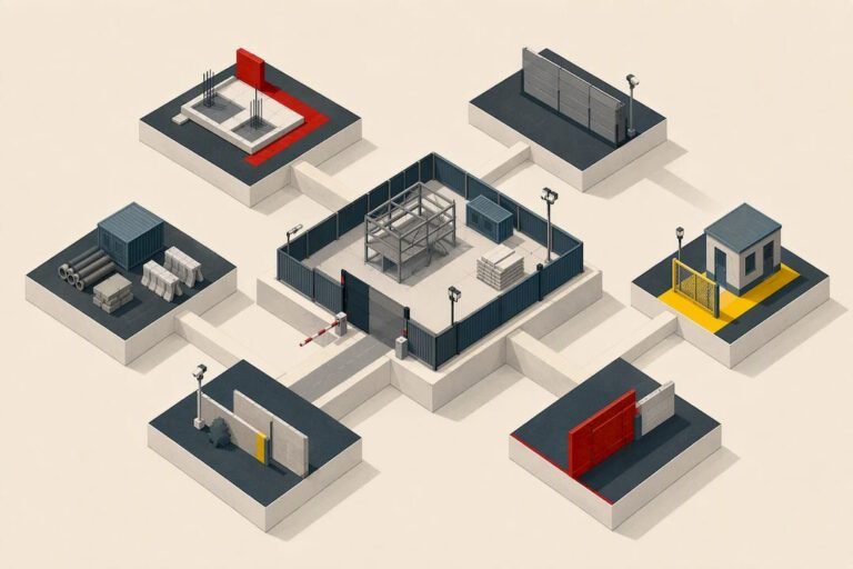 Isometric construction site security plan illustration