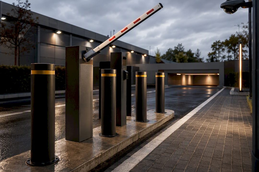 Parking entrance with barrier and bollards