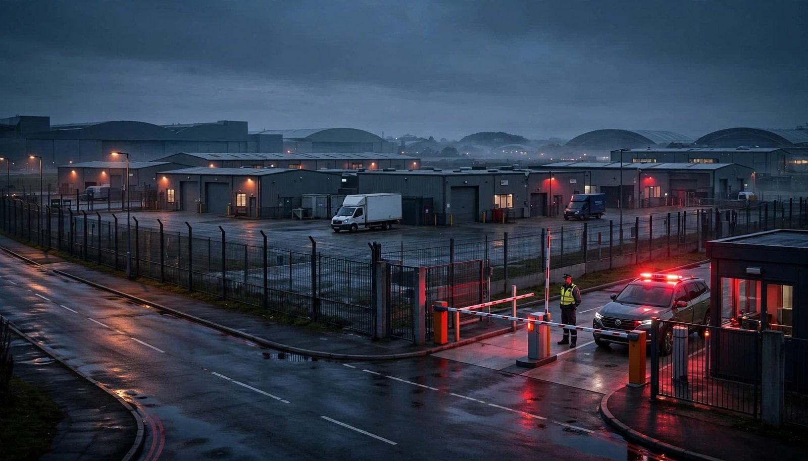 A security officer monitors a gated airport business park at dusk.