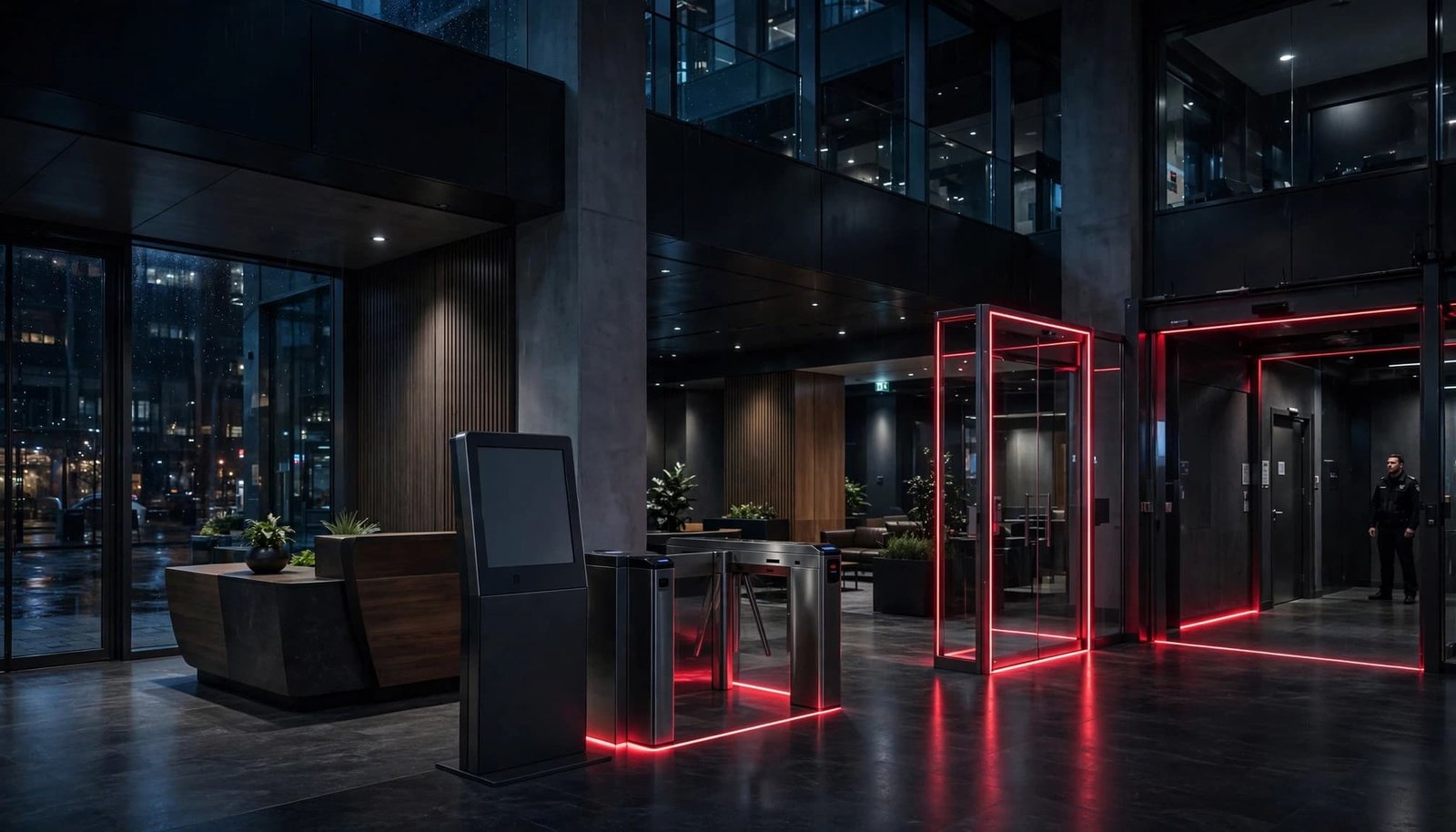 Office lobby with a reception desk, visitor kiosk, turnstile, and service gate.