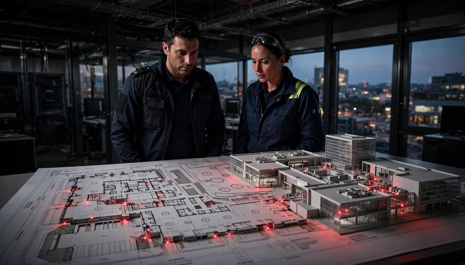Two professionals review a building plan beside a model with red-marked risk points.
