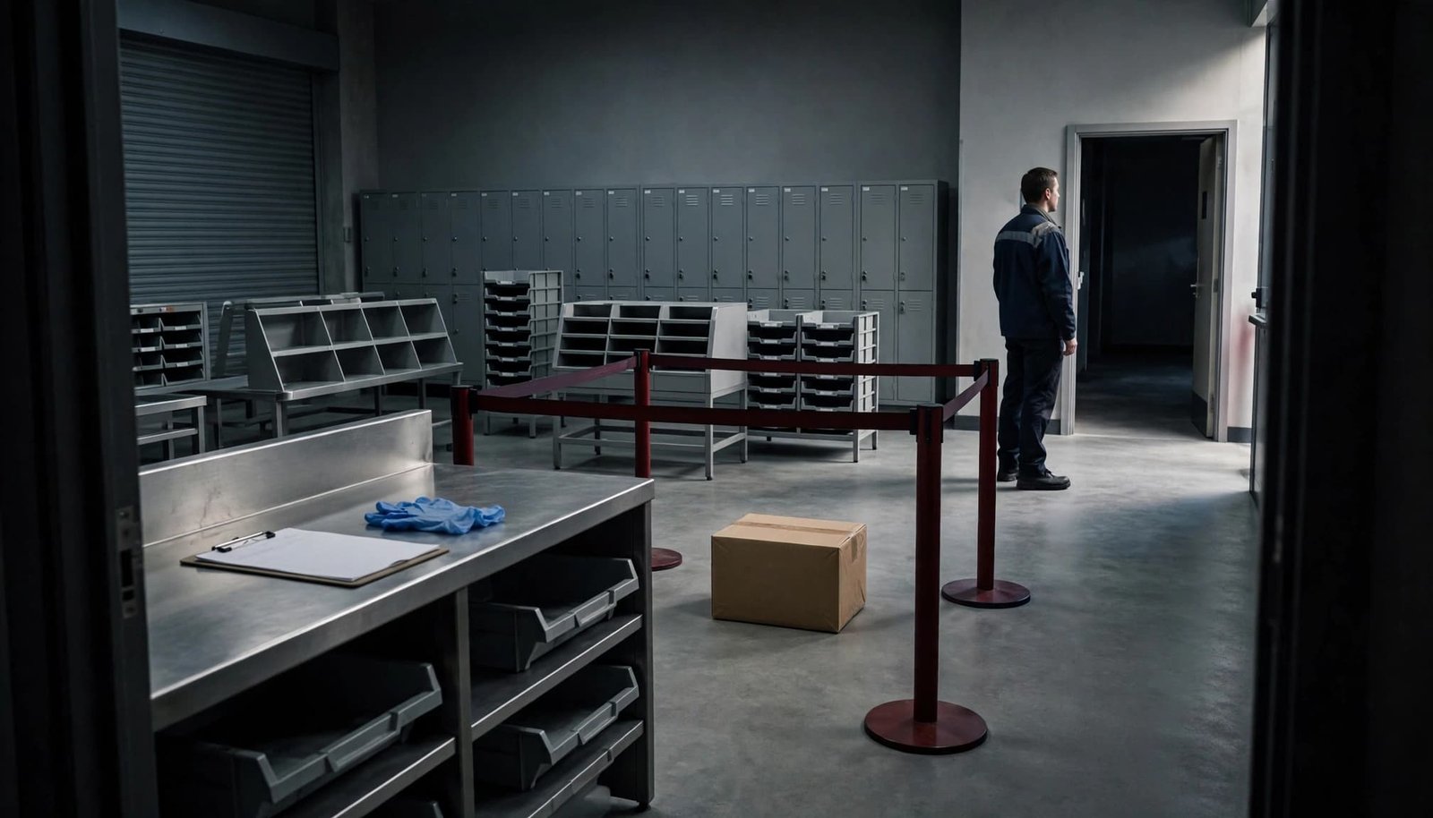 A staff member stands away from a sealed parcel in an organized mailroom.