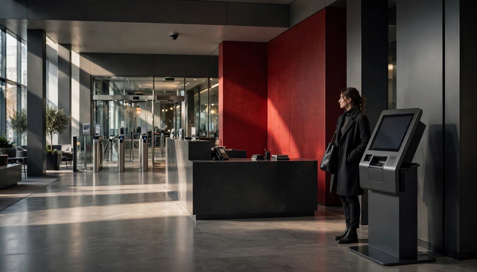 A visitor uses a check-in kiosk in a modern office lobby.