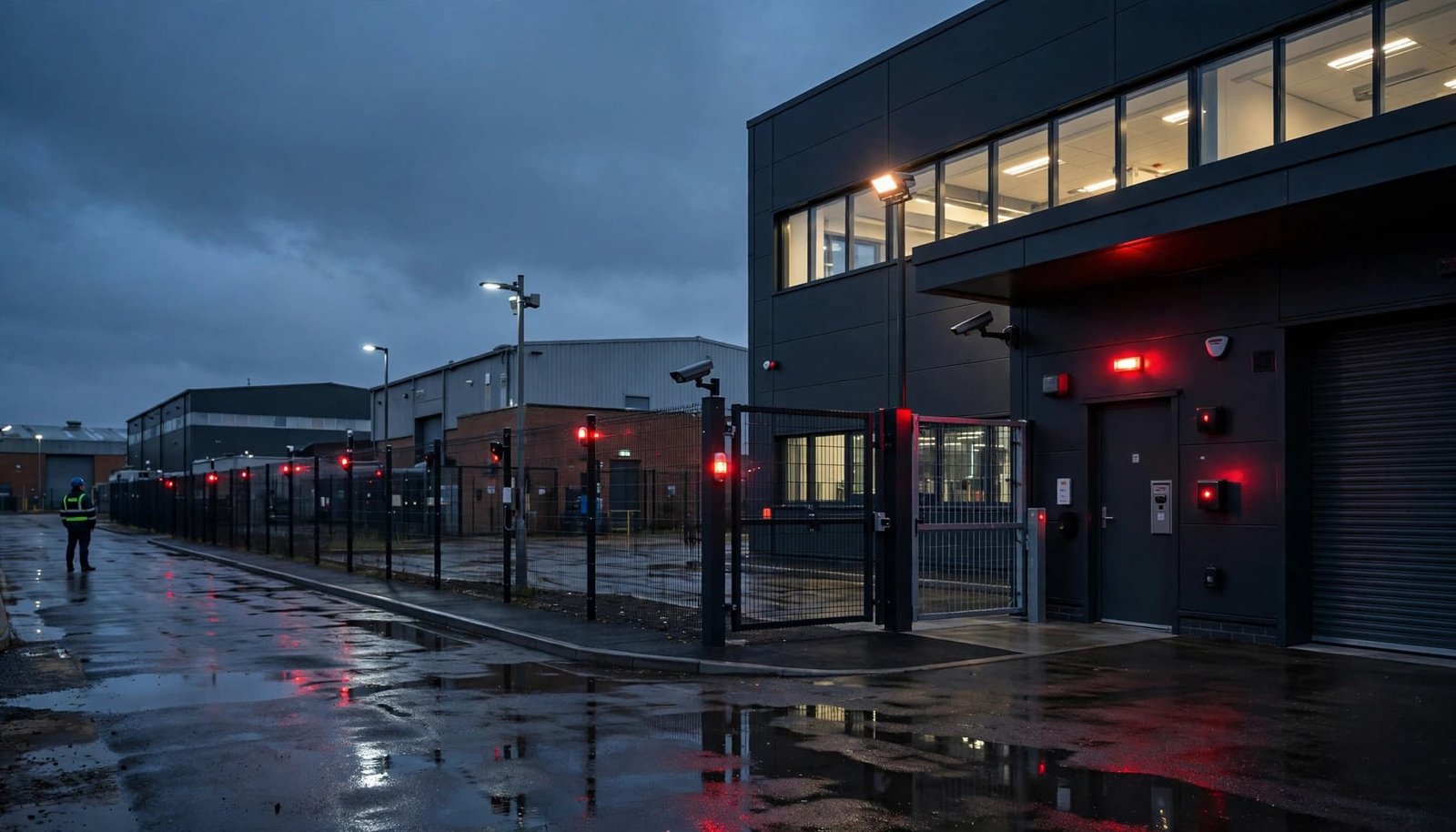 A facilities manager reviewing CCTV, gates, lighting, and access points outside a warehouse.