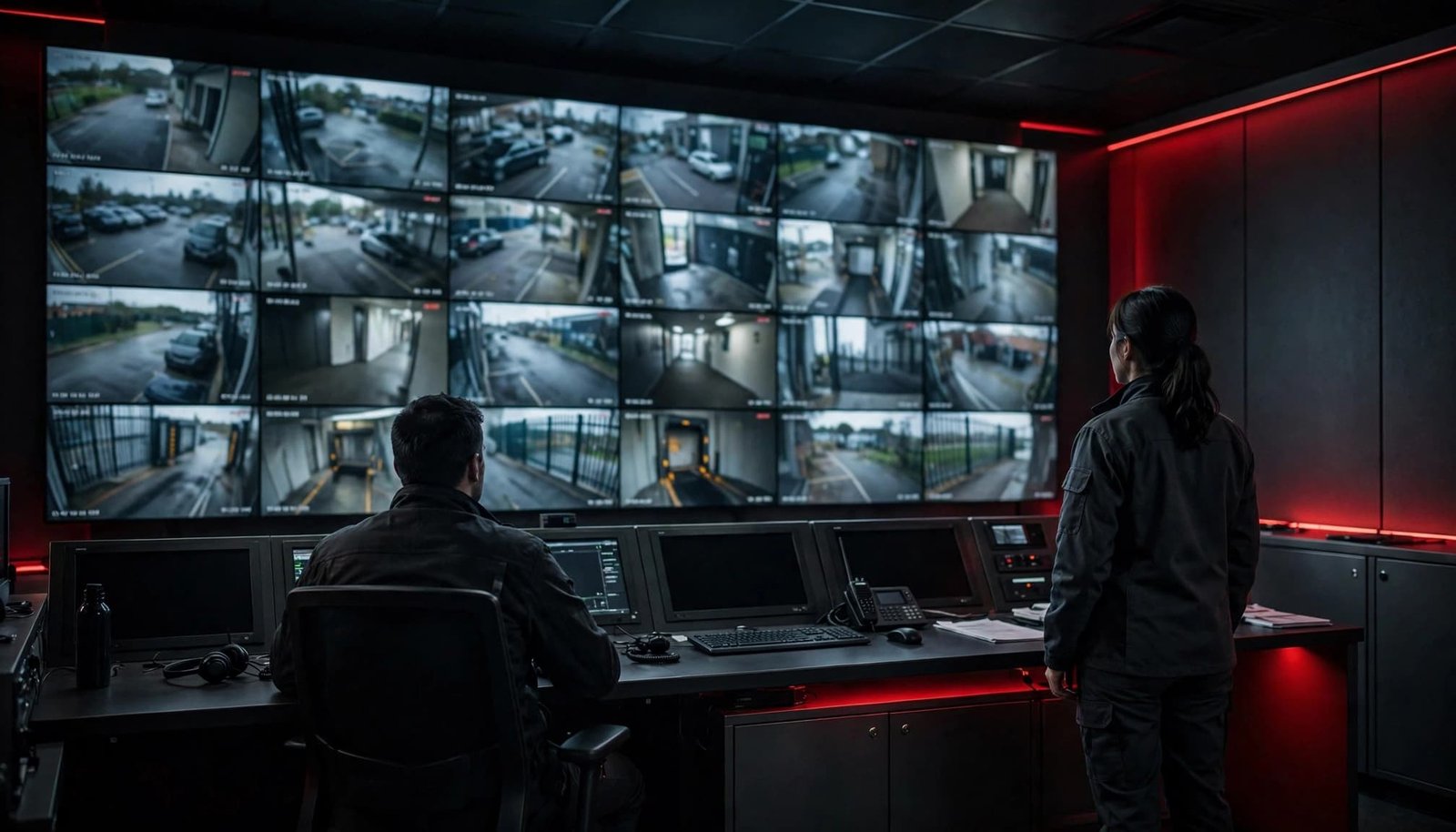 Two security operators monitor screens in a dark control room with red lighting.