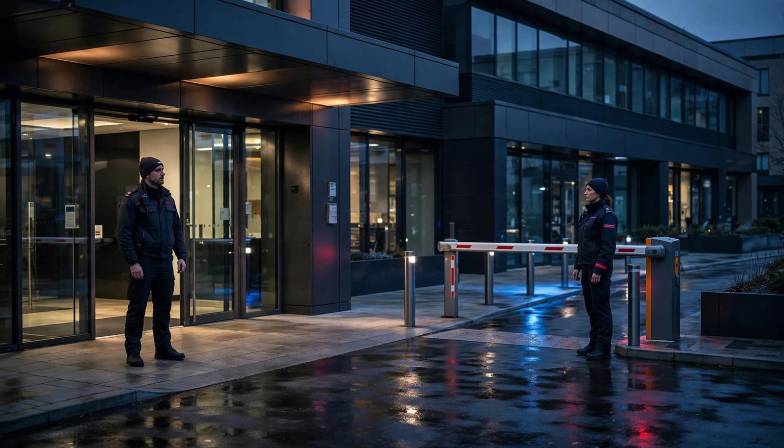 Two security operatives stand apart outside a modern commercial building at dusk.