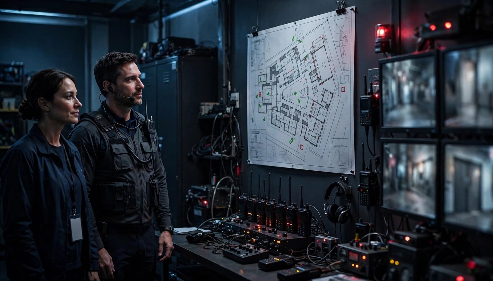 Two staff members coordinate beside a venue map, radios, and blurred CCTV monitors.