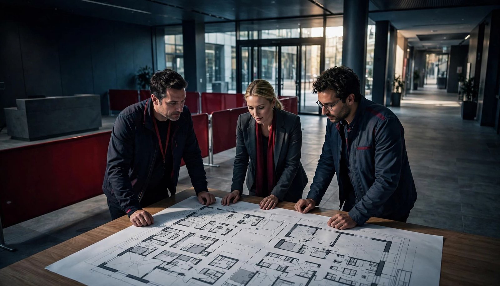 Three people review a floor plan in a modern conference venue foyer.