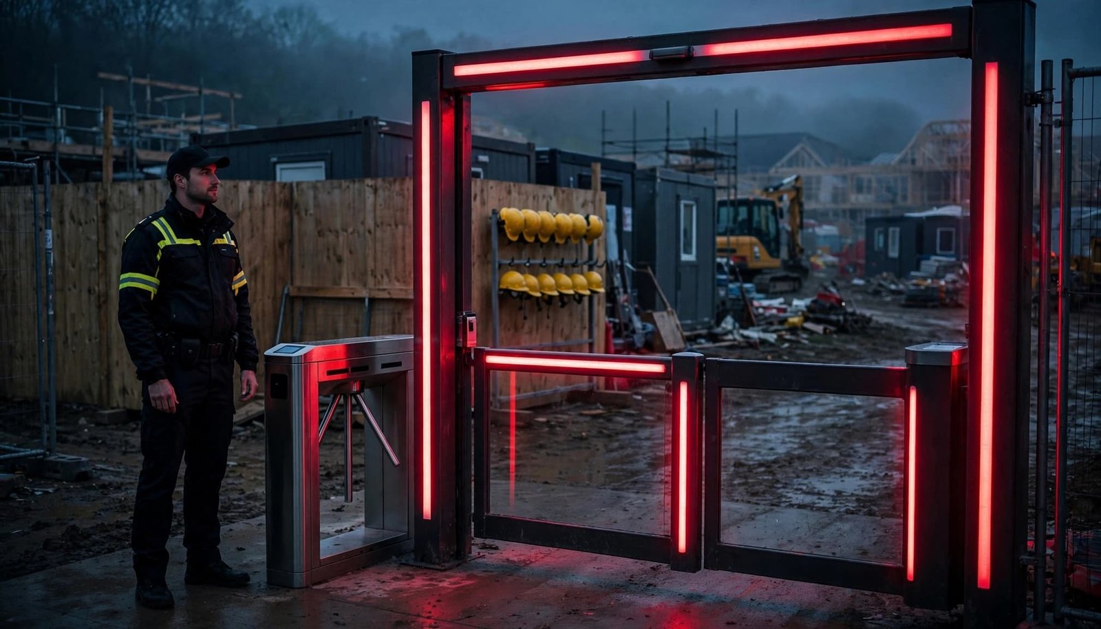 A security operative stands beside a turnstile and gated construction entrance.