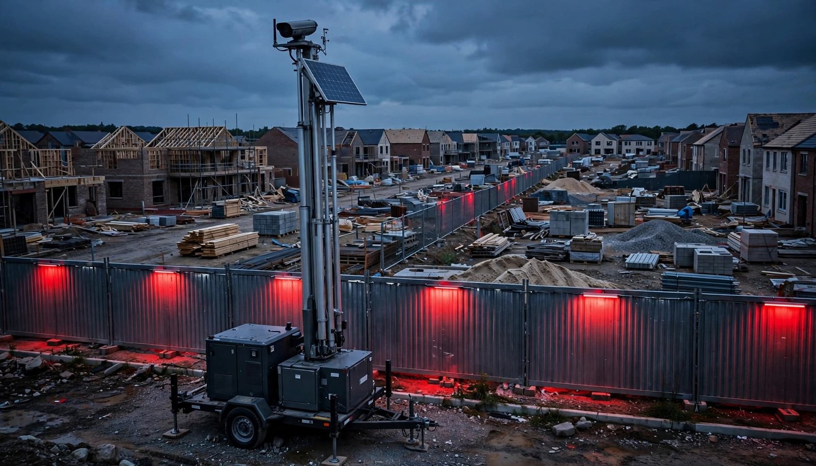 A solar-powered CCTV tower overlooks unfinished homes and red-lit barriers at dusk.