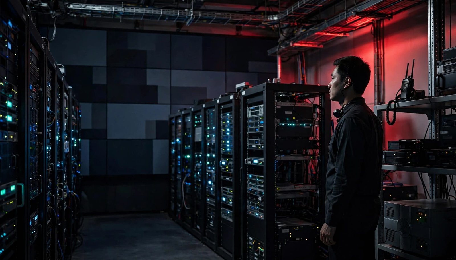 A security operator stands beside network racks in a dim control room.