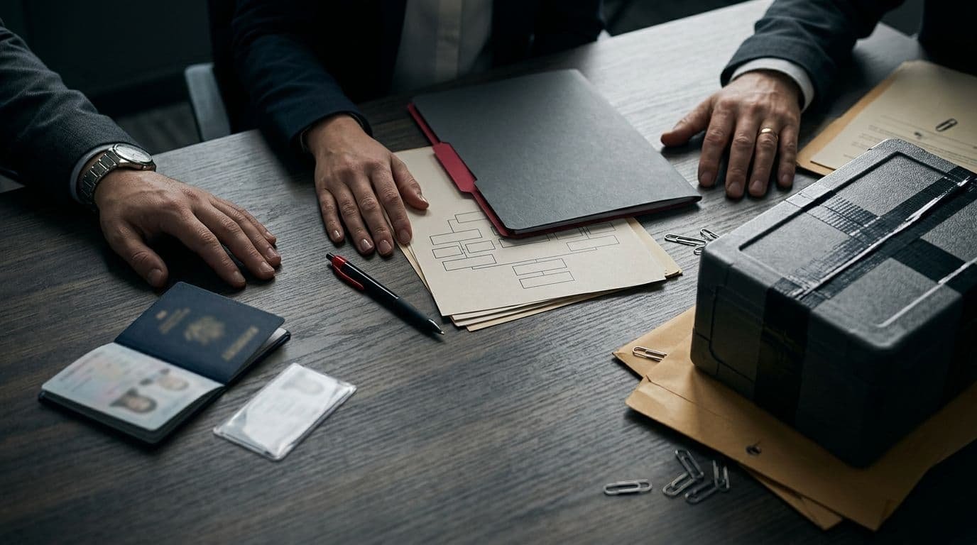 Three hands beside documents and a sealed evidence box on a meeting table.