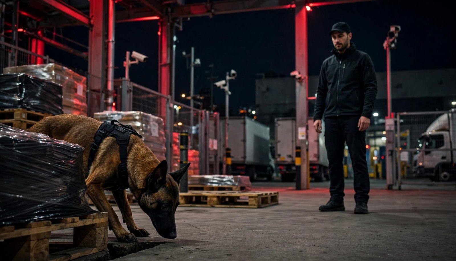 A detection dog searches near pallets while one handler supervises in a logistics yard.