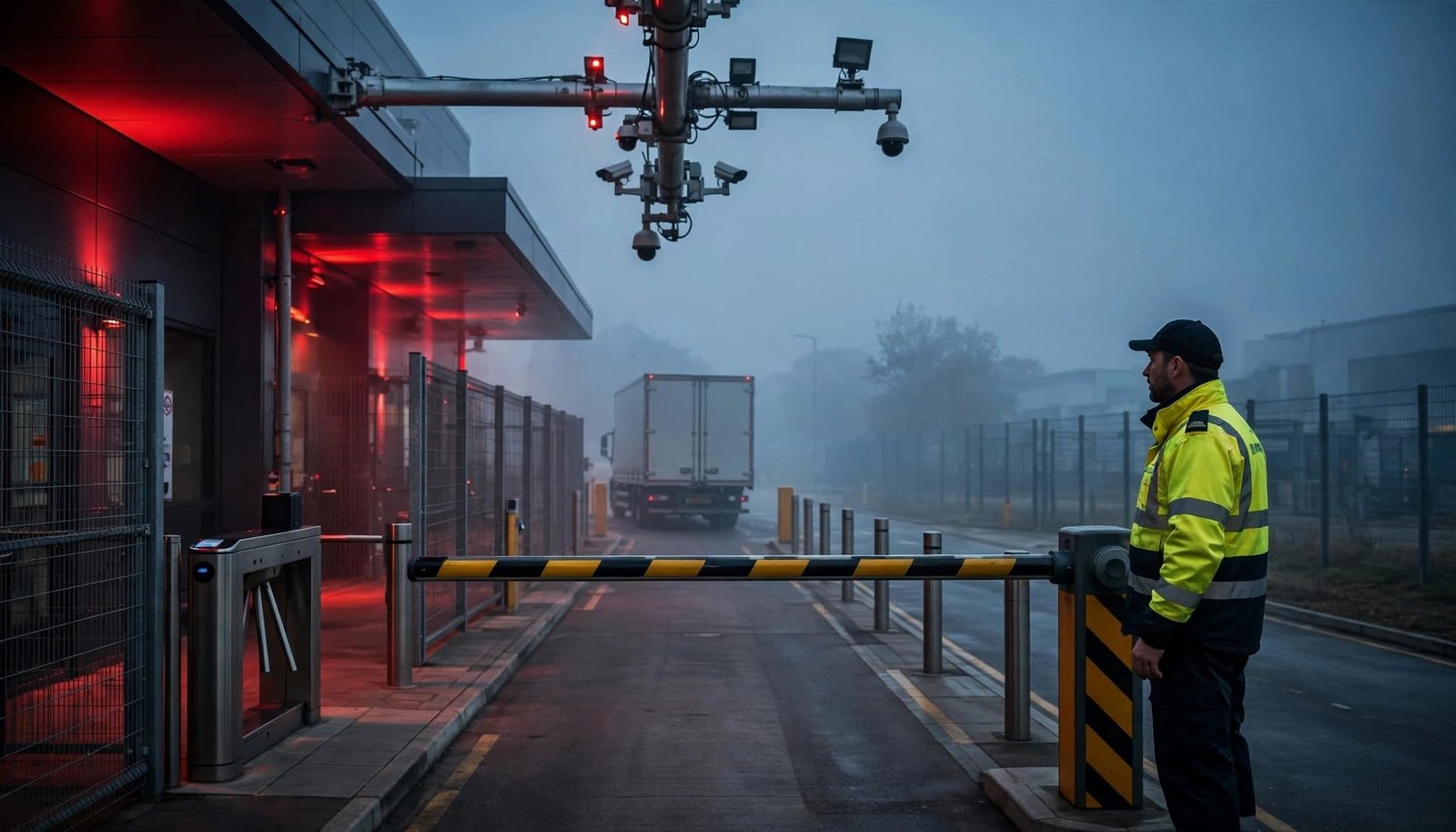 Security officer beside a barrier as a lorry waits at a misty distribution centre entrance.
