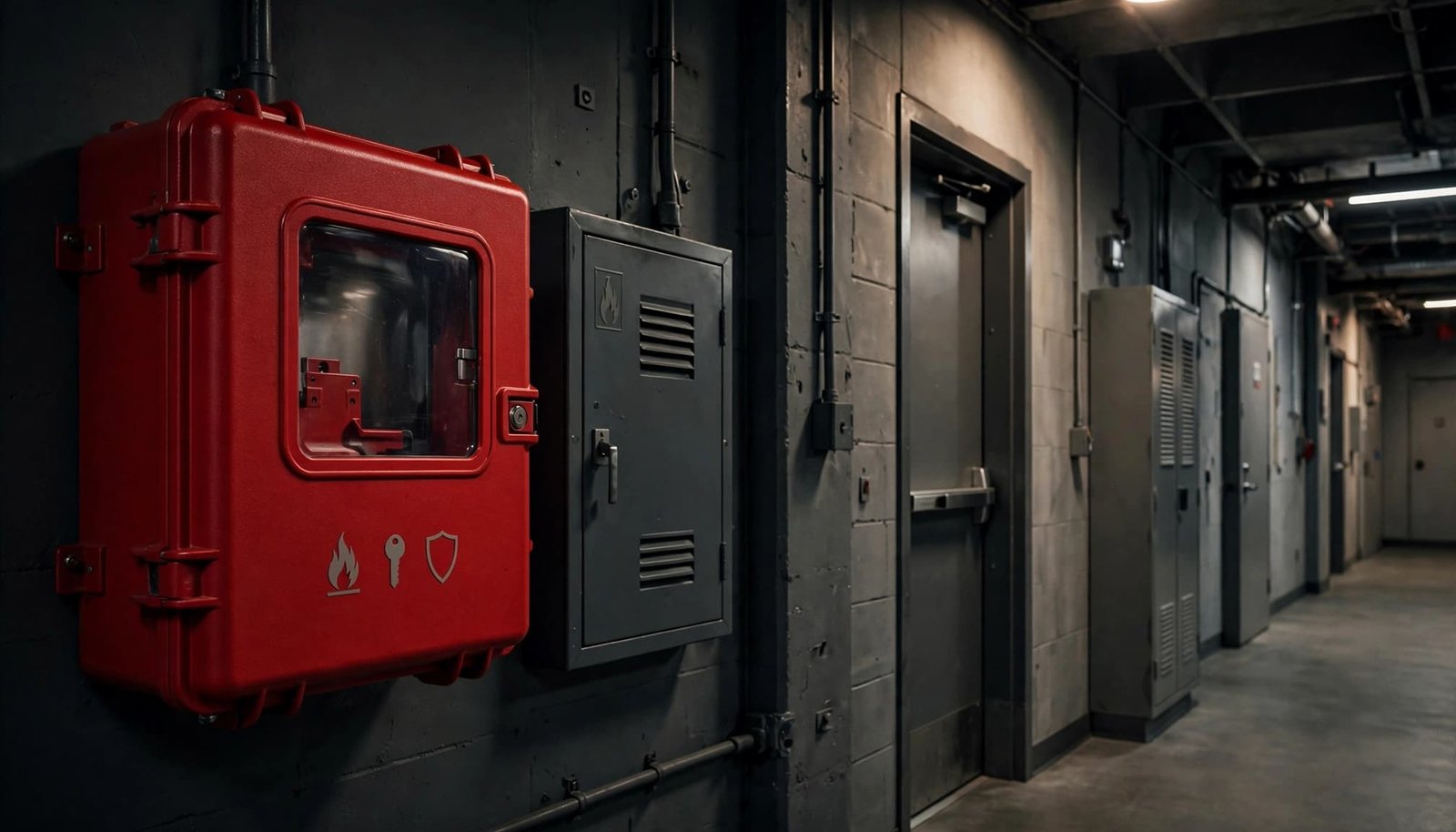 Red emergency key case beside a fire-rated door in an office corridor.