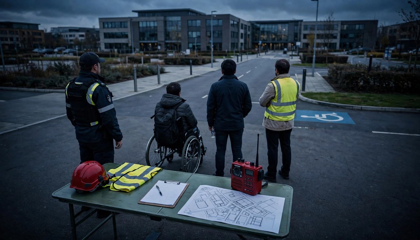 A supervisor checks a clipboard as three occupants wait beside an accessible evacuation route.