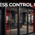 A card reader beside glass office doors with cameras and a blurred reception area.