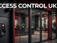 A card reader beside glass office doors with cameras and a blurred reception area.