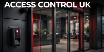A card reader beside glass office doors with cameras and a blurred reception area.