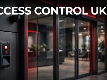 A card reader beside glass office doors with cameras and a blurred reception area.