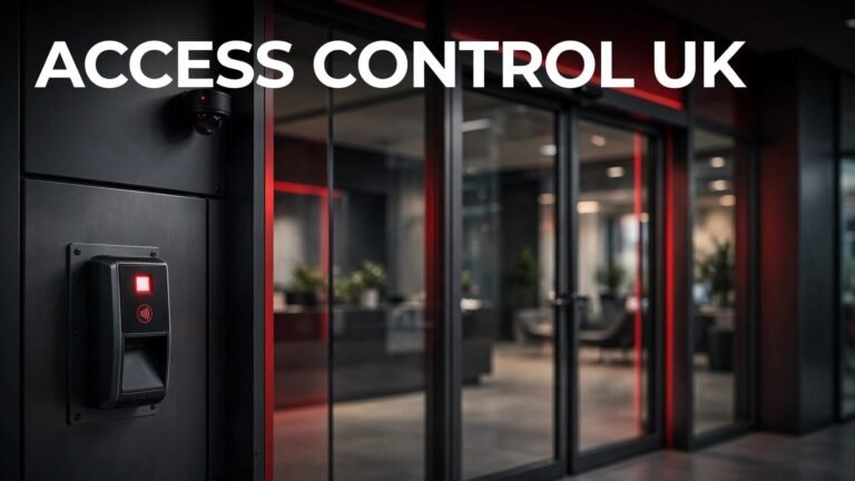 A card reader beside glass office doors with cameras and a blurred reception area.