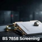 Screening desk with a personnel file, checklist, ID document, and magnifying glass.