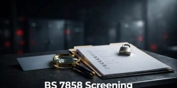 Screening desk with a personnel file, checklist, ID document, and magnifying glass.
