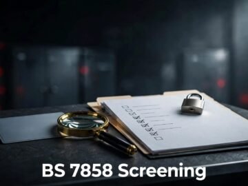 Screening desk with a personnel file, checklist, ID document, and magnifying glass.