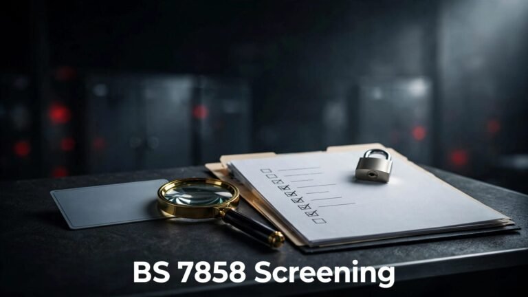 Screening desk with a personnel file, checklist, ID document, and magnifying glass.