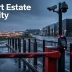 A secure airport business park entrance with a barrier, CCTV camera, and runway lights.