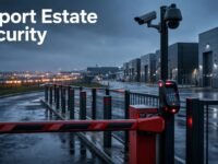 A secure airport business park entrance with a barrier, CCTV camera, and runway lights.