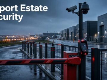 A secure airport business park entrance with a barrier, CCTV camera, and runway lights.