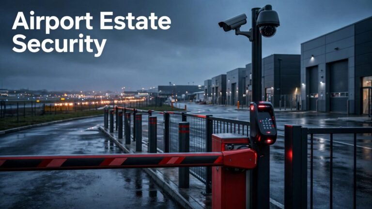 A secure airport business park entrance with a barrier, CCTV camera, and runway lights.