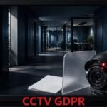 A security camera monitors an apartment entrance beside a privacy shield and GDPR document.