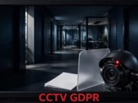 A security camera monitors an apartment entrance beside a privacy shield and GDPR document.