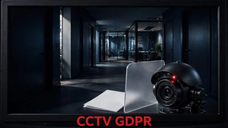 A security camera monitors an apartment entrance beside a privacy shield and GDPR document.