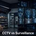 Split image showing a CCTV camera with recorded footage and a control room with live feeds.