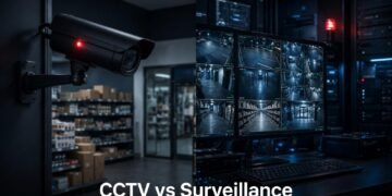 Split image showing a CCTV camera with recorded footage and a control room with live feeds.