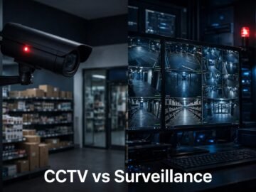 Split image showing a CCTV camera with recorded footage and a control room with live feeds.
