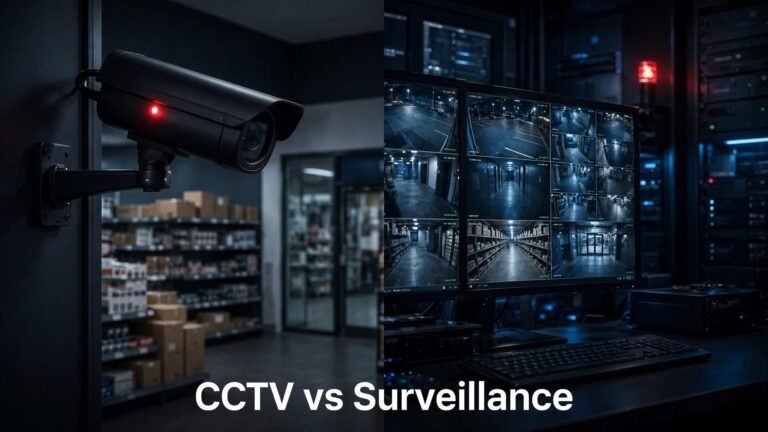 Split image showing a CCTV camera with recorded footage and a control room with live feeds.