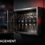 A secure key cabinet with labeled tags, card reader, and digital audit screen.