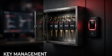 A secure key cabinet with labeled tags, card reader, and digital audit screen.