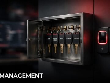 A secure key cabinet with labeled tags, card reader, and digital audit screen.