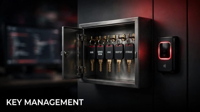A secure key cabinet with labeled tags, card reader, and digital audit screen.