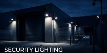 A warehouse site at dusk with bright security lights and a CCTV camera.