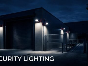 A warehouse site at dusk with bright security lights and a CCTV camera.