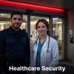 A security officer and clinician stand outside a hospital entrance at dusk.