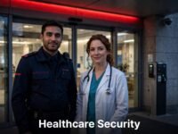 A security officer and clinician stand outside a hospital entrance at dusk.
