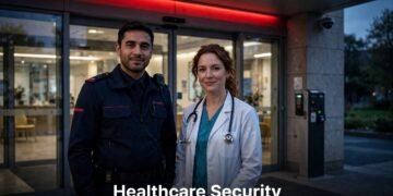 A security officer and clinician stand outside a hospital entrance at dusk.